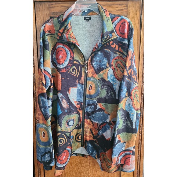 Shana Tops - Shana Womens Abstract Geometric Zip Up Jacket Tunic Top Multicolor Large Blouse